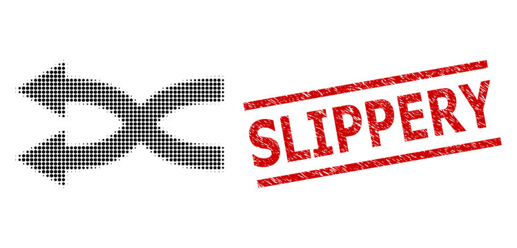 Shuffle arrows left halftone dotted vector and Slippery grunge stamp. Stamp includes Slippery text between parallel lines.