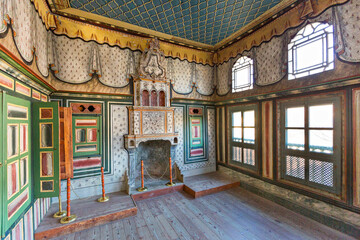 Decorated room in the restored ottoman house known as Cakiraga Mansion, in Birgi, Turkey.