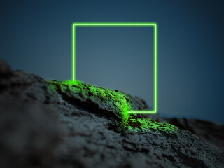 Luminous green square. Synth wave, retro wave, vaporwave futuristic aesthetics. Glowing neon style. Horizontal wallpaper, background. Stylish flyer for ad, offer, bright colors and smoke neoned effect