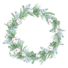 Fototapeta na wymiar watercolor illustration, christmas wreath with spruce, pine, eucalyptus branches, berries, cotton, christmas gingerbread and succulent