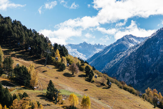 Landscape of the Pyrenees with its first autumn trees.