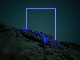 Luminous blue square. Synth wave, retro wave, vaporwave futuristic aesthetics. Glowing neon style. Horizontal wallpaper, background. Stylish flyer for ad, offer, bright colors and smoke neoned effect.