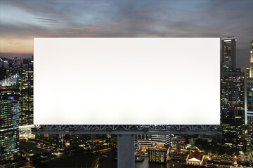 Blank white road billboard with Singapore cityscape background at night time. Street advertising poster, mock up, 3D rendering. Front view. The concept of marketing communication to sell idea.