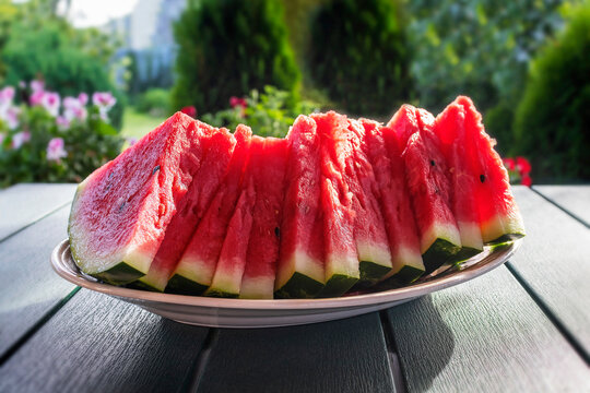 Sliced juicy red watermelon on a platter on a garden table against a garden background