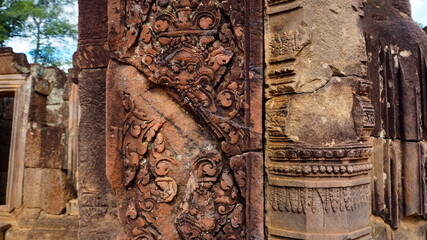 Cambodia Siem Reap－July 27, 2016: Ancient architecture and natural scenery  in Angkor Wat Cambodia. Photo taken in outside area. (Lady temple, Water fall (Phnom Kulen), Beng Mealea temple and Tonle Sa