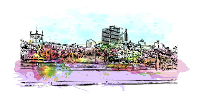 Building view with landmark of Asuncion is the capital city of Paraguay, bordered by the Paraguay River. Watercolor splash with hand drawn sketch illustration in vector.