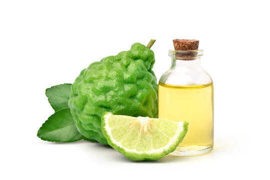 Bergamot essential oil with bergamot fruit isolated on white background.