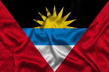 Antigua and Barbuda national flag background with fabric texture. Flag of Antigua and Barbuda waving in the wind. 3D illustration