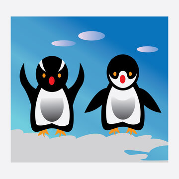 Penguins in pairs cute cartoon illustration with vector design background color
