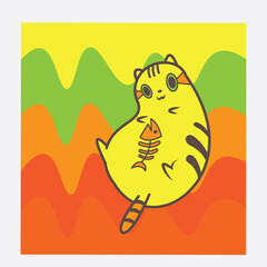 Cute cartoon cat and fish illustration background, colorful design, vector