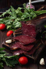 Dried meat sliced and smoked, beautiful photo for a catalogue