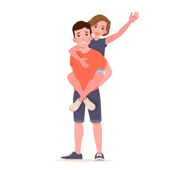 Happy girl stretching out hand while man carrying shes on shoulders. Happy couple. Friendship. Vector flat isolated on white.