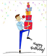 happy birthday with many gifts celebration desig ngift happy holiday illustration man party vector