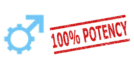 Technological potence halftone dotted vector and 100% Potency grunge stamp print. Stamp includes 100% Potency caption between parallel lines.