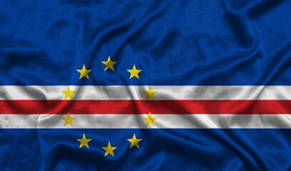 Cape Verde national flag background with fabric texture. Flag of Cape Verde waving in the wind. 3D illustration.