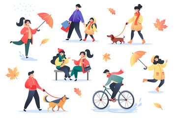 Collection of flat style characters on warm autumn day, vector illustration. Autumn outdoor, active people in the park.