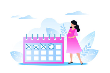 Happy pregnant woman stands near the calendar, waiting for the day of childbirth, expectant mother. Vector illustration