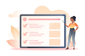 A young woman holds a pointer in her hands giving a presentation on the screen. Online training, time management. Vector flat illustration for web design