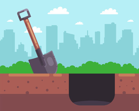 dig a deep hole with a wooden shovel on the background of the city. flat vector illustration