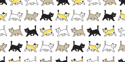 cat seamless pattern kitten calico vector pet walking scarf isolated repeat background cartoon animal tile wallpaper illustration doodle design