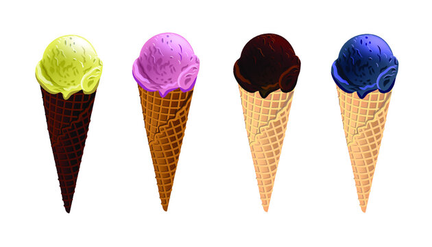 Vector illustration of colored ice cream in a waffle. Image of a collection of sweets. Vanilla, chocolate, lingonberry and strawberry ice cream.