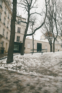 Emile Goudeau square in Montmartre (Paris, France) with melting snow
