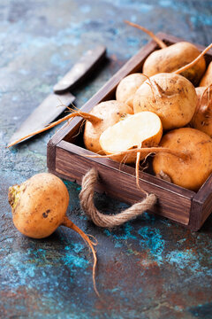 Fresh organic yellow turnip in wooden box, selective focus