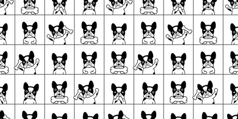 dog seamless pattern french bulldog vector bone checked pet puppy happy animal scarf isolated repeat wallpaper tile background cartoon illustration doodle design