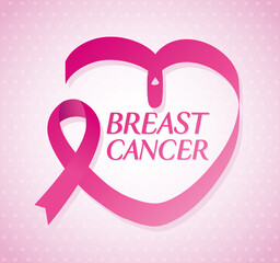 pink ribbon in heart shape, symbol of world breast cancer awareness month vector illustration design