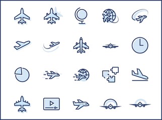 Set of Plane vector line icon. It contains symbols to aircraft, globe and more. Editable Stroke. 32x32 pixels.