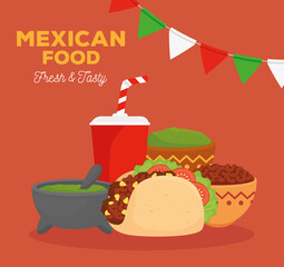mexican food fresh and tasty poster with taco, ingredients and bottle beverage vector illustration design