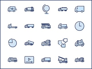 Truck Set of Transport Vector Line Icons. Contains such Icons as Truck, Transportation, Tow Truck, Cranes, Mixer, Garbage Truck, Manipulators, Delivery service and more. Editable Stroke. 32x32 Pixel