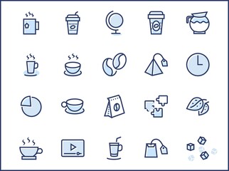 Set of Coffee and Tea Vector Line Icons. Contains such Icons as Cup of Tea, Teabags, Coffee beans and Green Tea Leaves, a pitcher of Water, Sugar Cubes and more. Editable Stroke. 32x32 Pixel Perfect