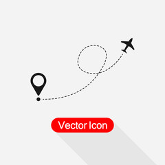 Air Plane Flight Route With Start Point And Dash Line Trace, Airplane Line Path Icon Vector Illustration Eps10