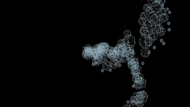 Abstract animation of rotating polygonal elements with white wire frames which are multiply during rotation in space and simulate falling of big white polygonal snow flakes.