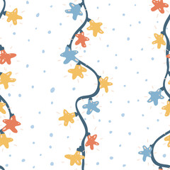 Stars Christmas garland and snow seamless pattern design hand-drawn childish style - fabric, wrapping, textile, wallpaper, apparel design for kids.