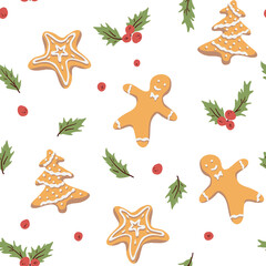 Fototapeta na wymiar Gingerbread cookie seamless pattern design hand-drawn ginger-man, star, Christmas tree, holly leaves and berries, childish style - fabric, wrapping, textile, wallpaper, apparel design for kids.