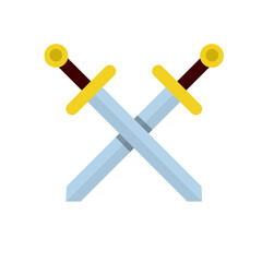 Crossed sword. Medieval knight's weapon. Soldier item. Symbol of war and battle. Sharp blade and handle of blade. Logo and coat of arms. Cartoon flat illustration