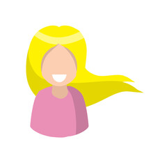 Woman with beautiful long blond hair. Young Fashionable girl with haircut. Barbershop logo. Flat cartoon illustration. Cute smiling character with hairstyle