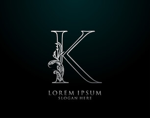 Classic K Letter Icon. Luxury Silver calligraphic alphabet arts logo. Vintage drawn emblem for book design, brand name, stamp, Restaurant, Boutique, Hotel.