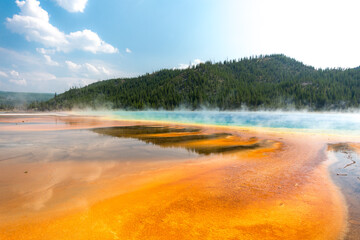 Orange and yellow bacterial mat at Grand Prismatic spring contrast with the blue hot spring vaporizing hot steam in the air - Yellowstone National Park, WY, USA