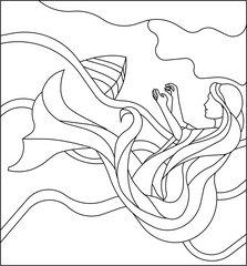 Beautiful mermaid in waves, coloring page, black outline on white isolated background, vector stock illustration for Anti stress coloring activity, concept of Fairytale, Mythology, Underwater World.