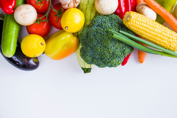 Colorful vegetables mix, ingredients and raw and organic vegetarian food, space for copy paste