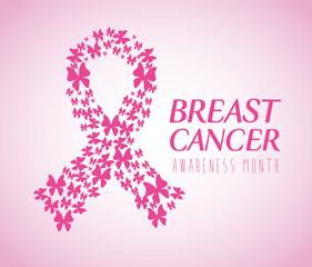 pink ribbon, symbol of world breast cancer awareness month with butterflies vector illustration design