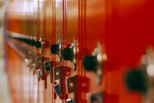 Row of brightly colored school lockers