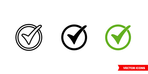 Tick symbol icon of 3 types color, black and white, outline. Isolated vector sign symbol.