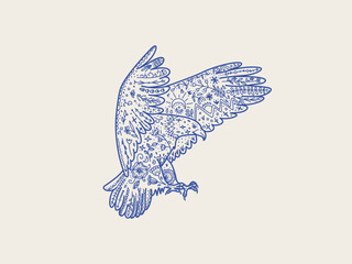 Scandinavian folk animal in line style. Eagle with ornate decoration, symbols, floral pattern. 
