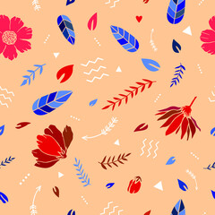 Seamless pattern with doodle flower and leaves. Hand drawn illustration in Scandinavian style. Vector illustration in blue-red gamma. Design can be use for 
cover, textbook, textile, print, postcard.