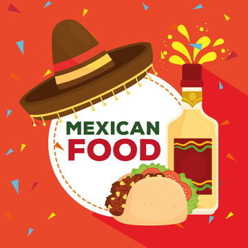 mexican food poster with hat, bottle tequila and taco vector illustration design