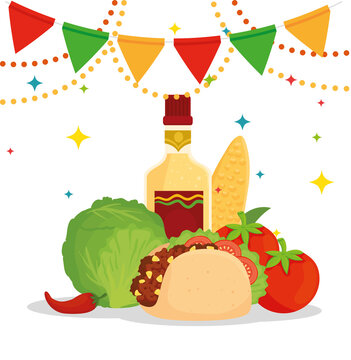 mexican food poster with taco, vegetables, bottle tequila and garlands hanging vector illustration design